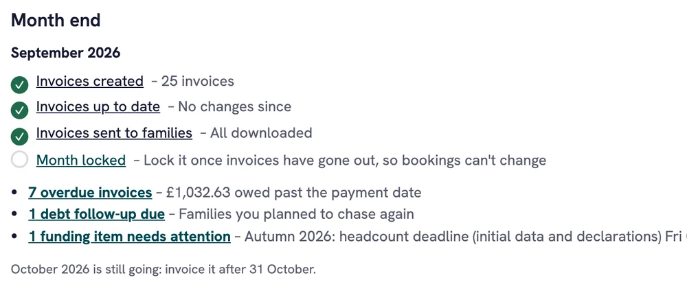 Month-end checklist for September 2026: invoices created, up to date and sent to families, with the month still to lock.