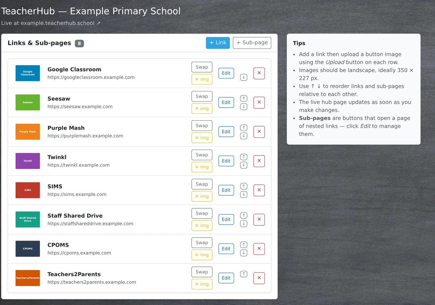 The TeacherHub editor: a list of buttons, each with its picture and web address, and buttons to swap the picture, edit, reorder or remove it.
