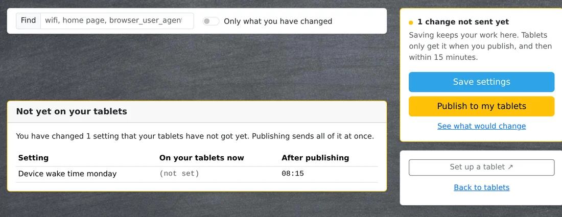 An unpublished settings change shown before and after, with buttons to save the settings or publish them to the tablets.